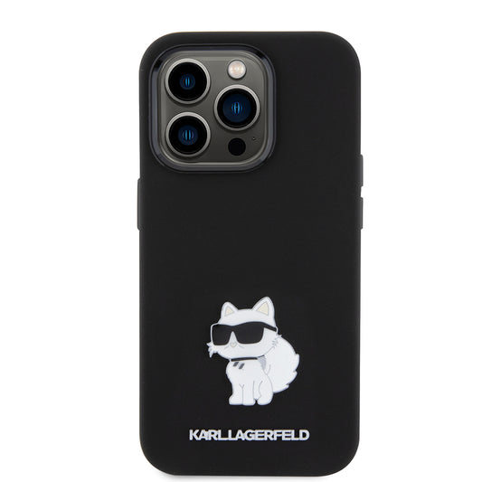 Funda para Apple iPhone 15 Pro, Karl Lagerfeld, Silicona Choupette Metal, Negra