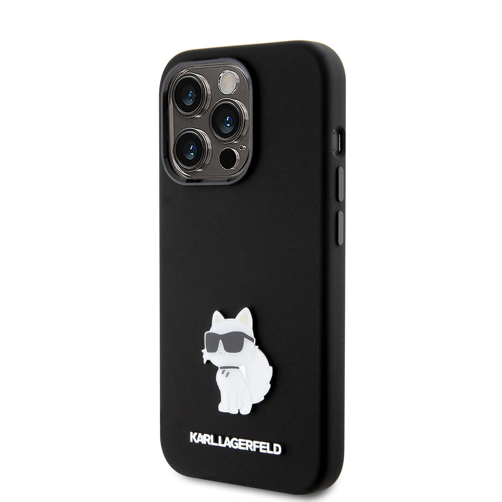 Funda para Apple iPhone 15 Pro, Karl Lagerfeld, Silicona Choupette Metal, Negra