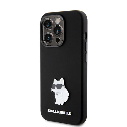 Funda para Apple iPhone 15 Pro, Karl Lagerfeld, Silicona Choupette Metal, Negra
