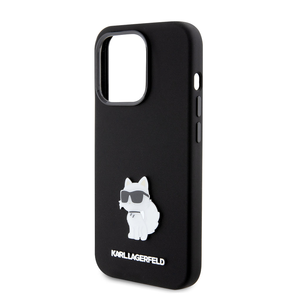 Funda para Apple iPhone 15 Pro, Karl Lagerfeld, Silicona Choupette Metal, Negra
