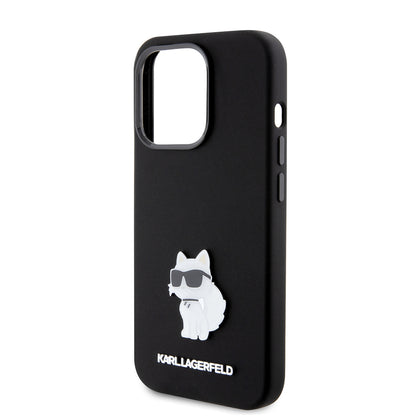 Funda para Apple iPhone 15 Pro, Karl Lagerfeld, Silicona Choupette Metal, Negra