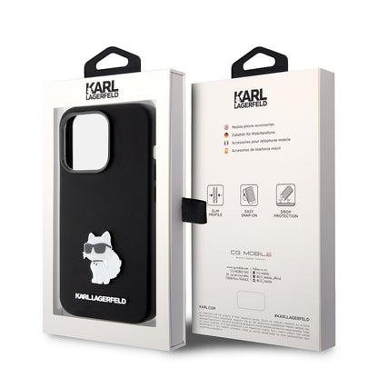 Funda para Apple iPhone 15 Pro, Karl Lagerfeld, Silicona Choupette Metal, Negra
