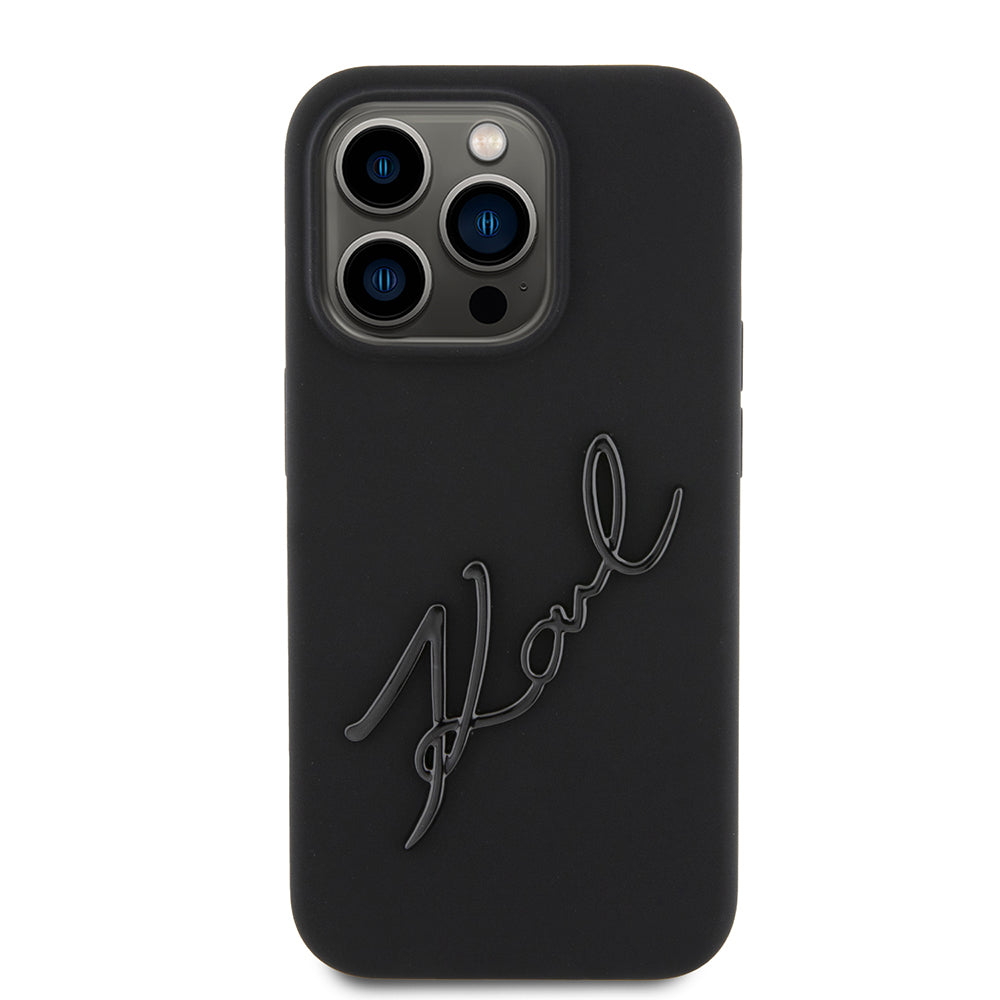 Funda para Apple iPhone 15 Pro, Karl Lagerfeld, Silicone Karl Script, Negra