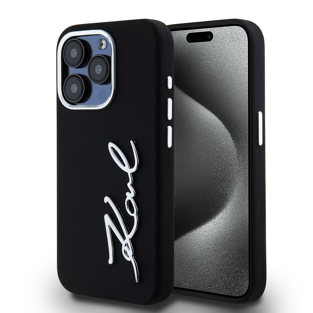 Funda para Apple iPhone 15 Pro, Karl Lagerfeld, Silicone Metal Script Logo, Negra