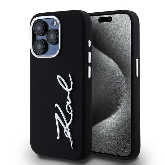 Funda para Apple iPhone 15 Pro, Karl Lagerfeld, Silicone Metal Script Logo, Negra