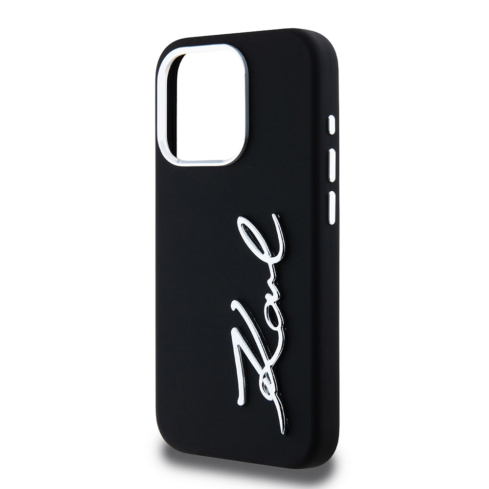 Funda para Apple iPhone 15 Pro, Karl Lagerfeld, Silicone Metal Script Logo, Negra