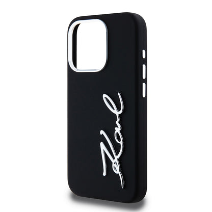 Funda para Apple iPhone 15 Pro, Karl Lagerfeld, Silicone Metal Script Logo, Negra