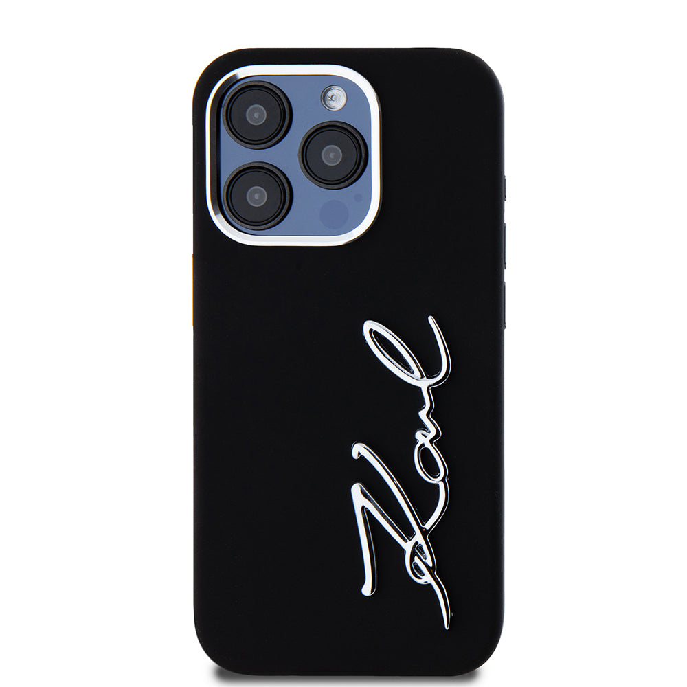 Funda para Apple iPhone 15 Pro, Karl Lagerfeld, Silicone Metal Script Logo, Negra