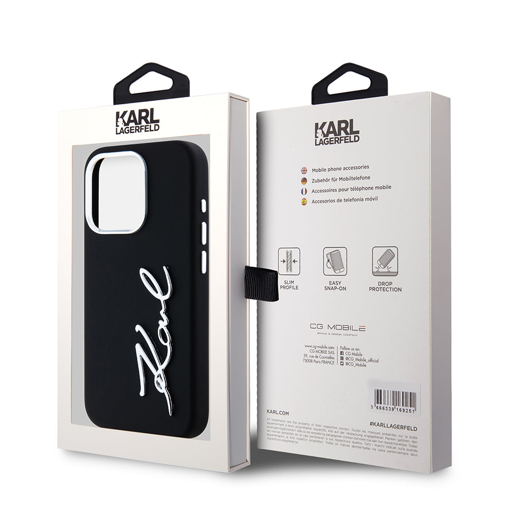 Funda para Apple iPhone 15 Pro, Karl Lagerfeld, Silicone Metal Script Logo, Negra