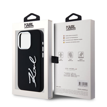 Funda para Apple iPhone 15 Pro, Karl Lagerfeld, Silicone Metal Script Logo, Negra