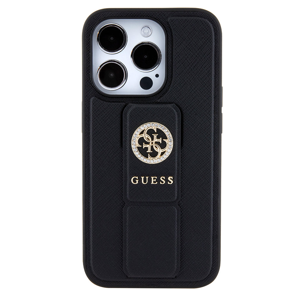 Funda para Apple iPhone 15 Pro Max, Guess, Grip Stand 4G Saffiano Strass, Negra