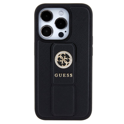 Funda para Apple iPhone 15 Pro Max, Guess, Grip Stand 4G Saffiano Strass, Negra