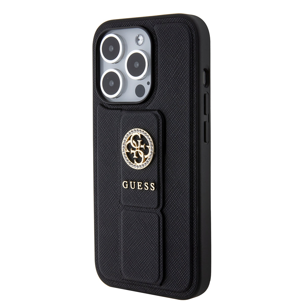 Funda para Apple iPhone 15 Pro Max, Guess, Grip Stand 4G Saffiano Strass, Negra