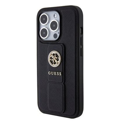 Funda para Apple iPhone 15 Pro Max, Guess, Grip Stand 4G Saffiano Strass, Negra
