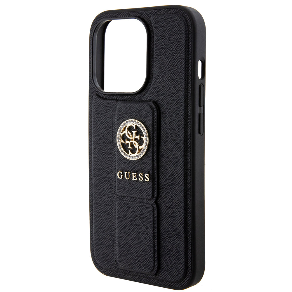 Funda para Apple iPhone 15 Pro Max, Guess, Grip Stand 4G Saffiano Strass, Negra