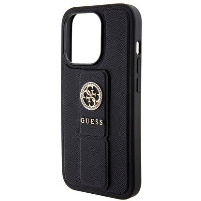 Funda para Apple iPhone 15 Pro Max, Guess, Grip Stand 4G Saffiano Strass, Negra