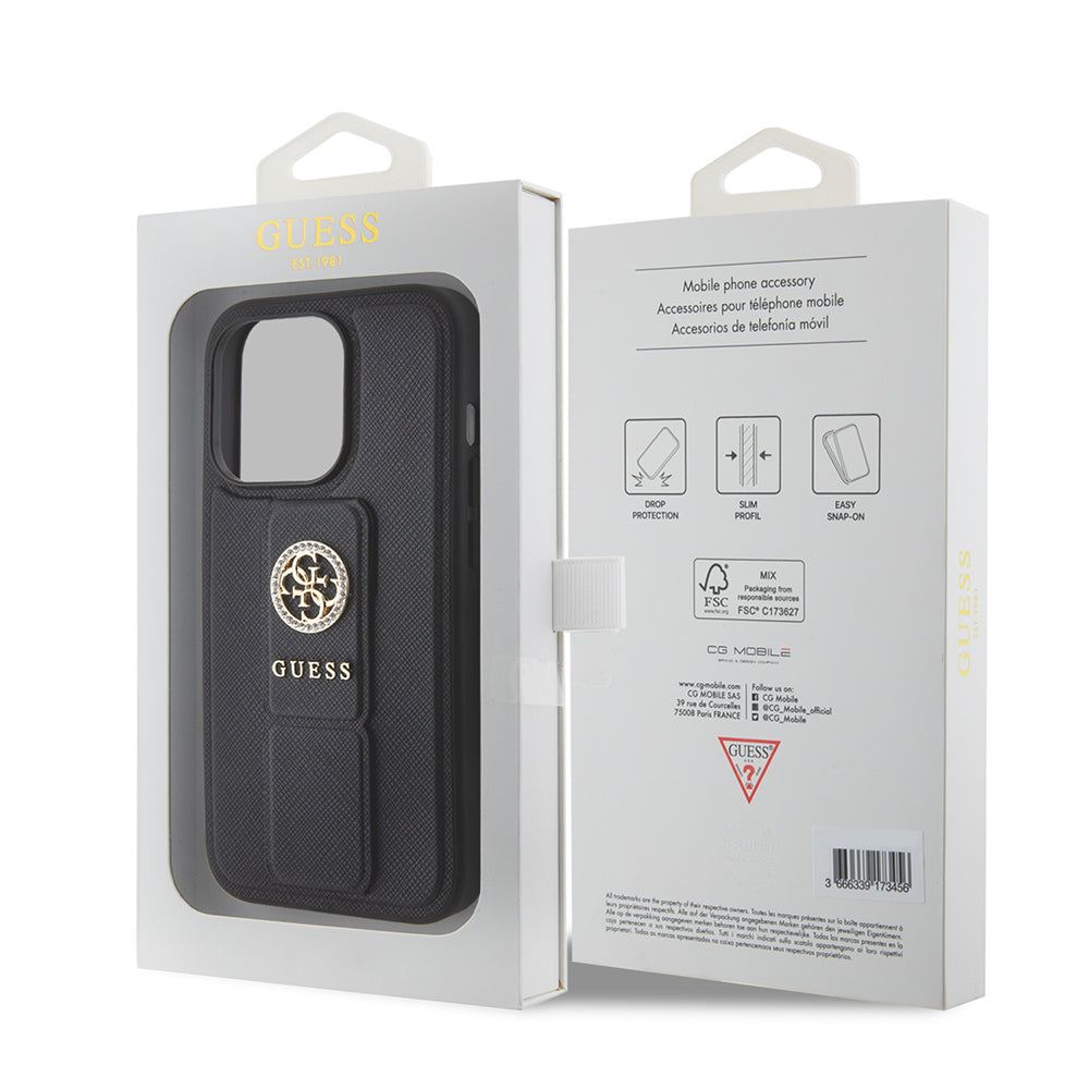 Funda para Apple iPhone 15 Pro Max, Guess, Grip Stand 4G Saffiano Strass, Negra
