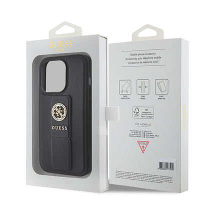Funda para Apple iPhone 15 Pro Max, Guess, Grip Stand 4G Saffiano Strass, Negra