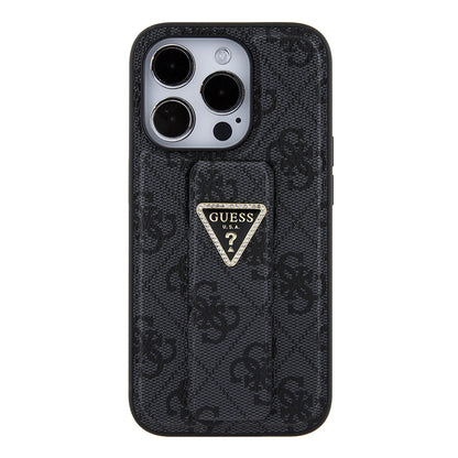 Funda para Apple iPhone 15 Pro Max, Guess, Grip Stand 4G Triangle Strass, Negra