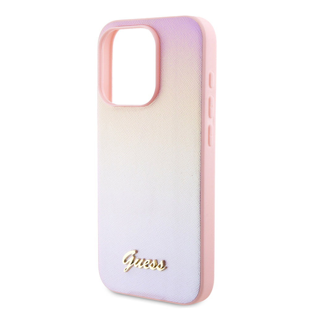 Funda para Apple iPhone 15 Pro Max, Guess, Iridescent Metal Script, Rosa