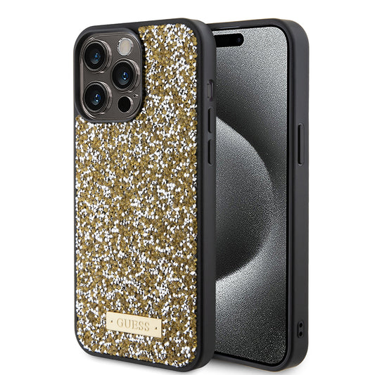 Funda para Apple iPhone 15 Pro Max, Guess, Rhinestone Metal Logo, Amarilla