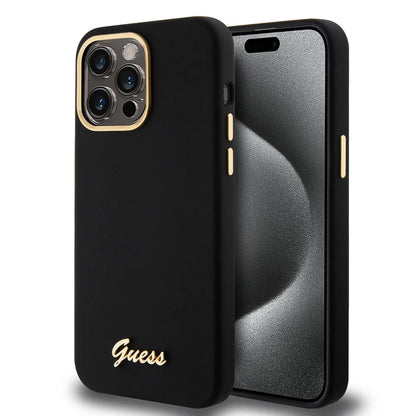 Funda para Apple iPhone 15 Pro Max, Guess, Script Metal Logo & Frame, Negra