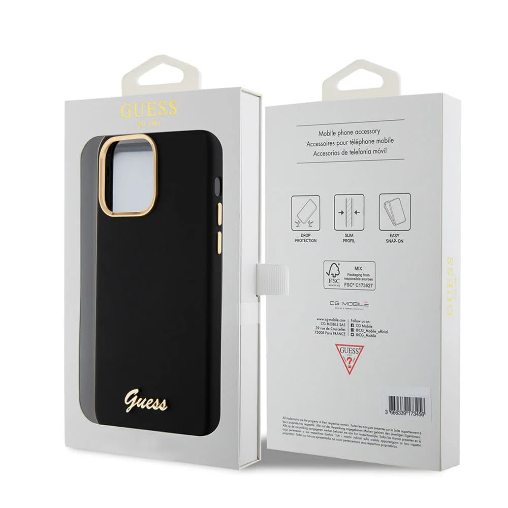 Funda para Apple iPhone 15 Pro Max, Guess, Script Metal Logo & Frame, Negra