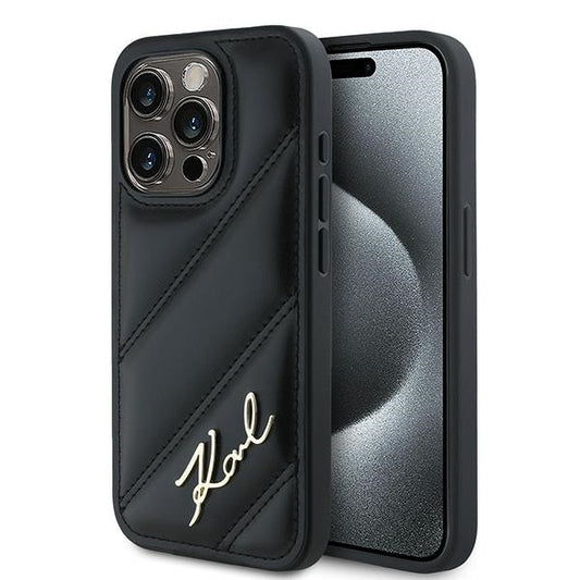 Funda para Apple iPhone 15 Pro Max, Karl Lagerfeld, Diagonal Quilted Script, Negra