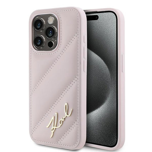 Funda para Apple iPhone 15 Pro Max, Karl Lagerfeld, Diagonal Quilted Script, Rosa.