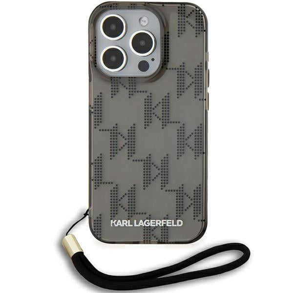 Funda para Apple iPhone 15 Pro Max, Karl Lagerfeld, IML Luxury Monogram KL Pattern with Strap, Negra