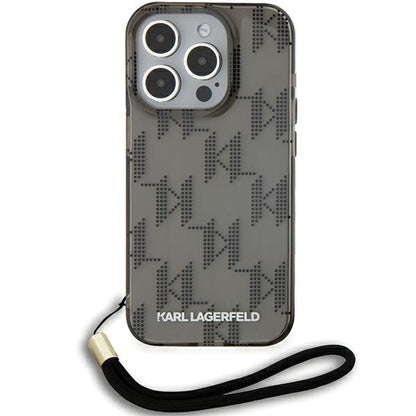 Funda para Apple iPhone 15 Pro Max, Karl Lagerfeld, IML Luxury Monogram KL Pattern with Strap, Negra