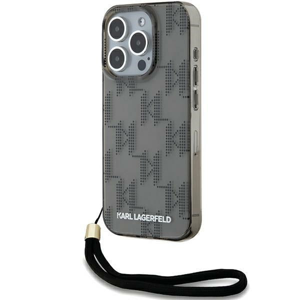 Funda para Apple iPhone 15 Pro Max, Karl Lagerfeld, IML Luxury Monogram KL Pattern with Strap, Negra