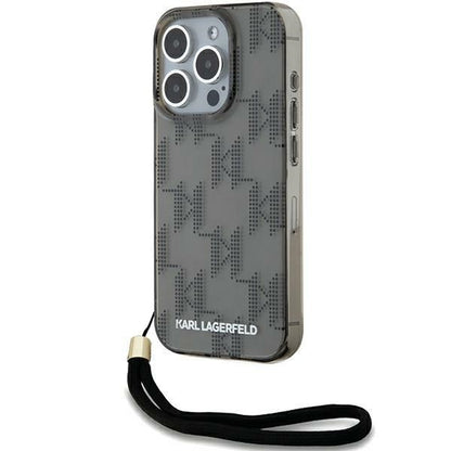 Funda para Apple iPhone 15 Pro Max, Karl Lagerfeld, IML Luxury Monogram KL Pattern with Strap, Negra