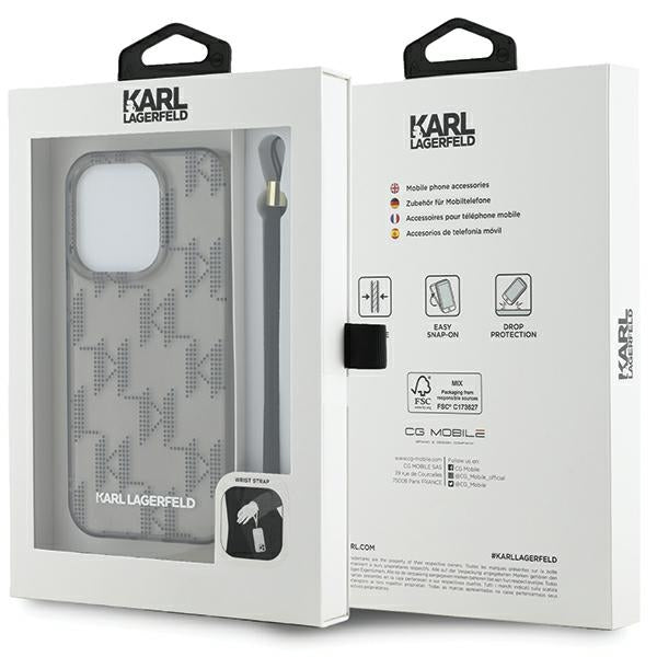 Funda para Apple iPhone 15 Pro Max, Karl Lagerfeld, IML Luxury Monogram KL Pattern with Strap, Negra