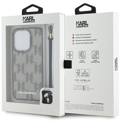 Funda para Apple iPhone 15 Pro Max, Karl Lagerfeld, IML Luxury Monogram KL Pattern with Strap, Negra