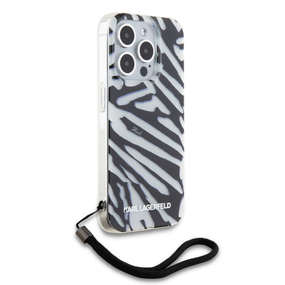 Funda para Apple iPhone 15 Pro Max, Karl Lagerfeld, IML Luxury Zebra Pattern with Strap, Negra