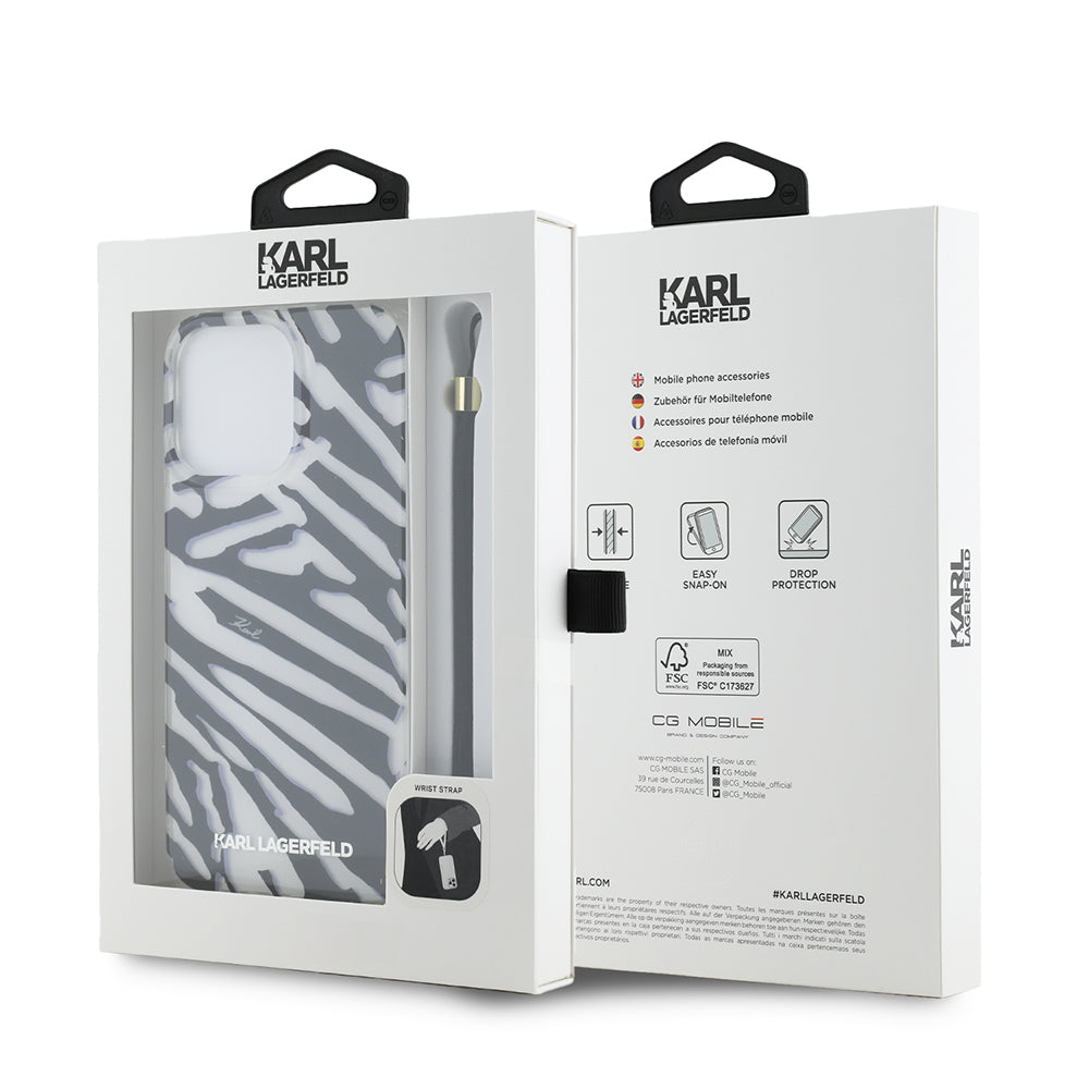 Funda para Apple iPhone 15 Pro Max, Karl Lagerfeld, IML Luxury Zebra Pattern with Strap, Negra