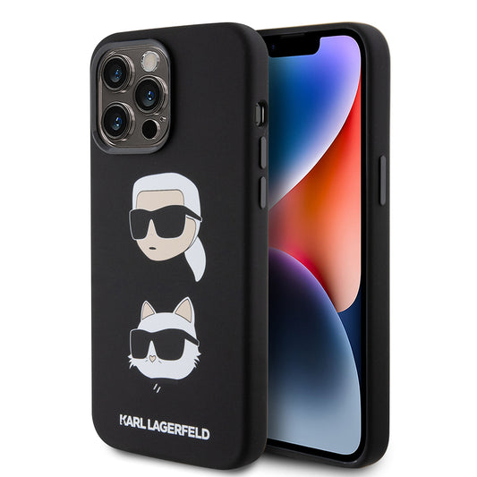 Funda para Apple iPhone 15 Pro Max, Karl Lagerfeld, Silicona Karl & Choupette Heads, Negra
