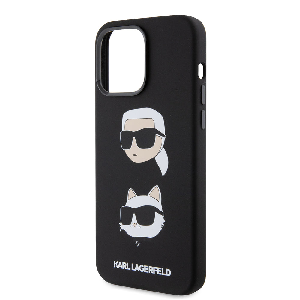 Funda para Apple iPhone 15 Pro Max, Karl Lagerfeld, Silicona Karl & Choupette Heads, Negra