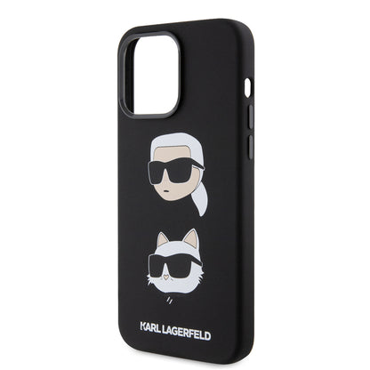 Funda para Apple iPhone 15 Pro Max, Karl Lagerfeld, Silicona Karl & Choupette Heads, Negra