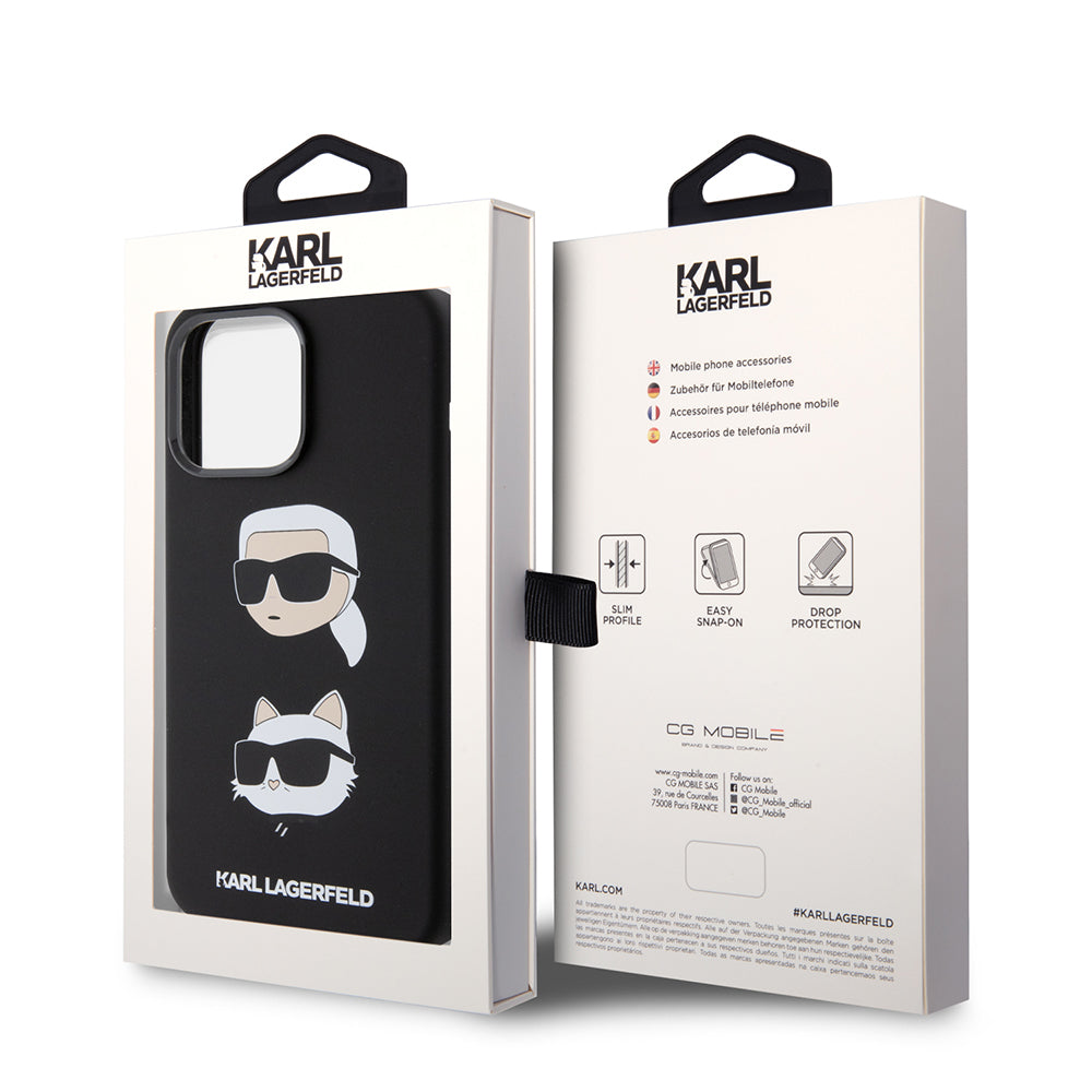 Funda para Apple iPhone 15 Pro Max, Karl Lagerfeld, Silicona Karl & Choupette Heads, Negra