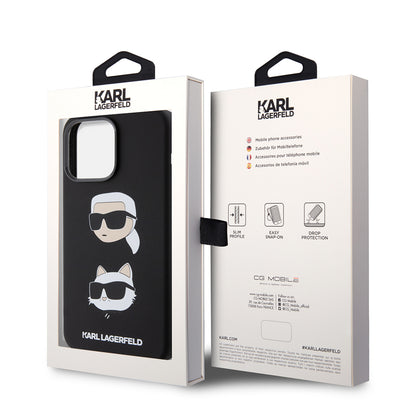 Funda para Apple iPhone 15 Pro Max, Karl Lagerfeld, Silicona Karl & Choupette Heads, Negra