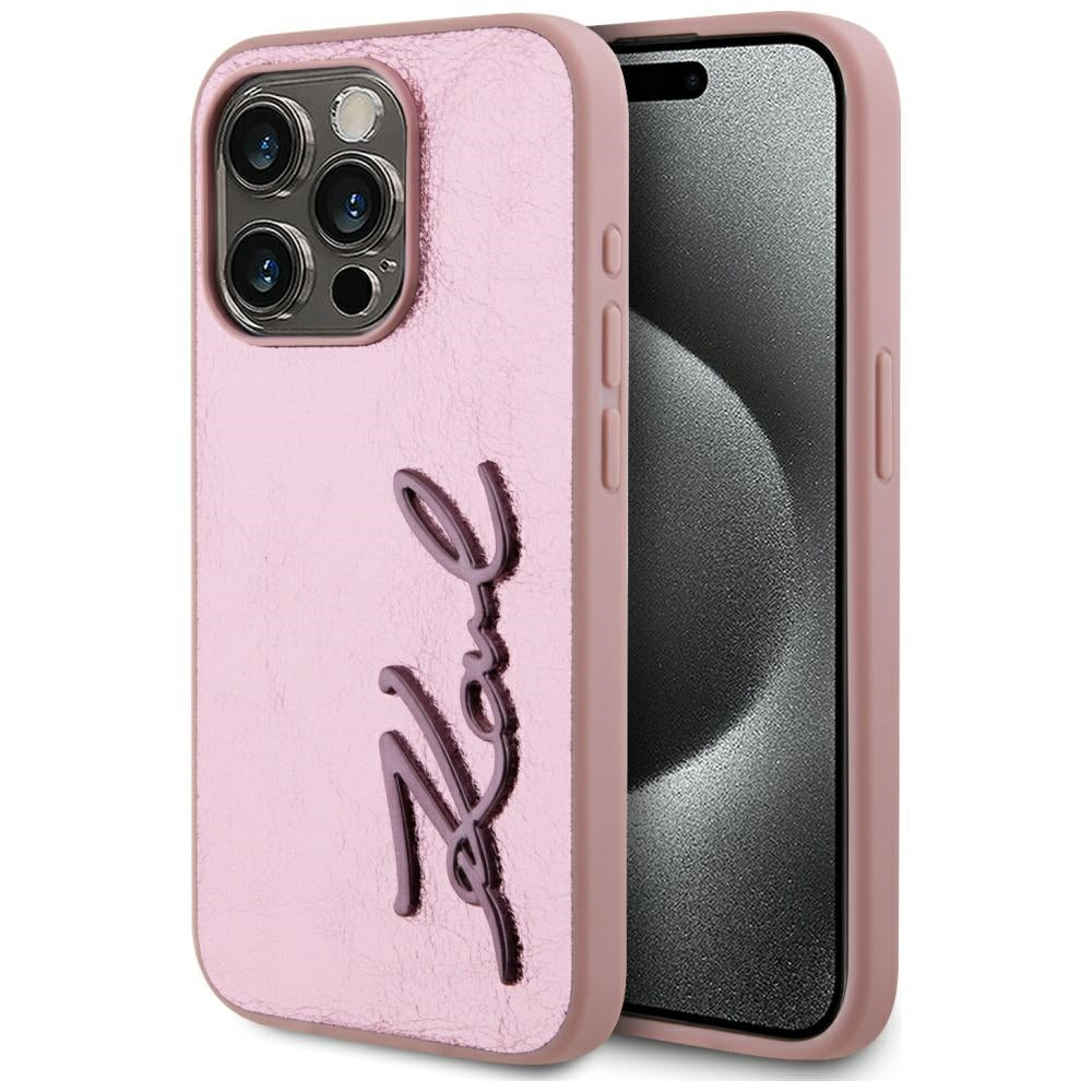 Funda para Apple iPhone 15 Pro Max, Karl Lagerfeld, Metal Signature, Rosa