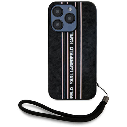 Funda para Apple iPhone 15 Pro Max, Karl Lagerfeld, Saffiano Athleisure Stripes with Strap, Rosa