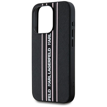 Funda para Apple iPhone 15 Pro Max, Karl Lagerfeld, Saffiano Athleisure Stripes with Strap, Rosa