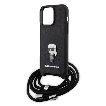 Funda para Apple iPhone 15 Pro Max, Karl Lagerfeld, Saffiano Crossbody Monogram Metal Pin Karl, Negra