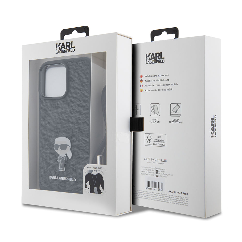 Funda para Apple iPhone 15 Pro Max, Karl Lagerfeld, Saffiano Crossbody Monogram Metal Pin Karl, Negra