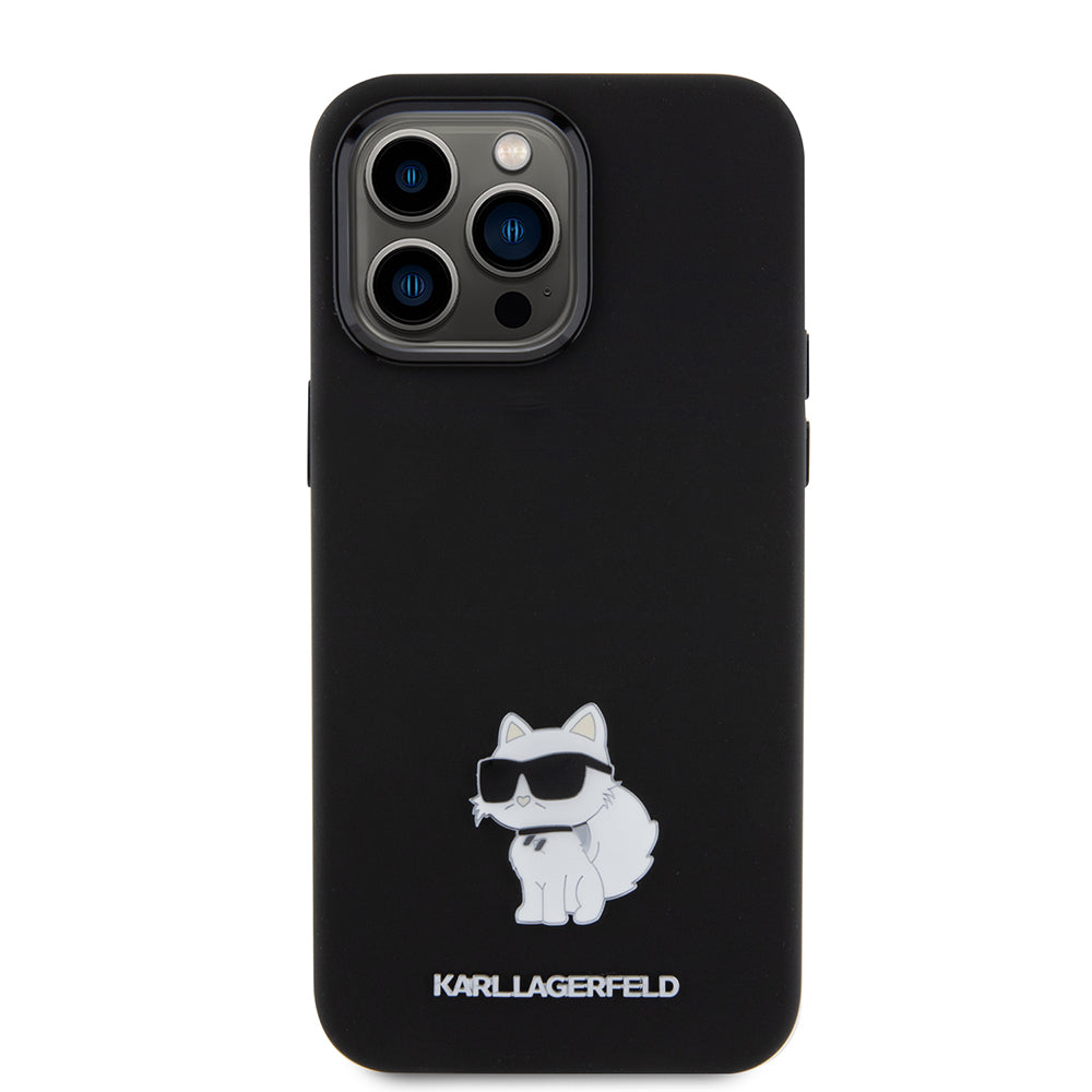 Funda para Apple iPhone 15 Pro Max, Karl Lagerfeld, Silicone Choupette Metal, Negra