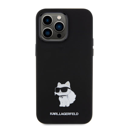 Funda para Apple iPhone 15 Pro Max, Karl Lagerfeld, Silicone Choupette Metal, Negra
