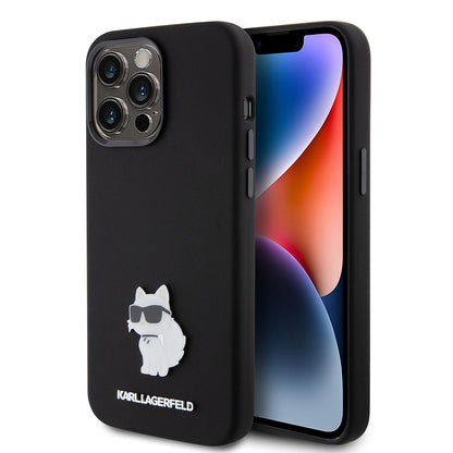 Funda para Apple iPhone 15 Pro Max, Karl Lagerfeld, Silicone Choupette Metal, Negra